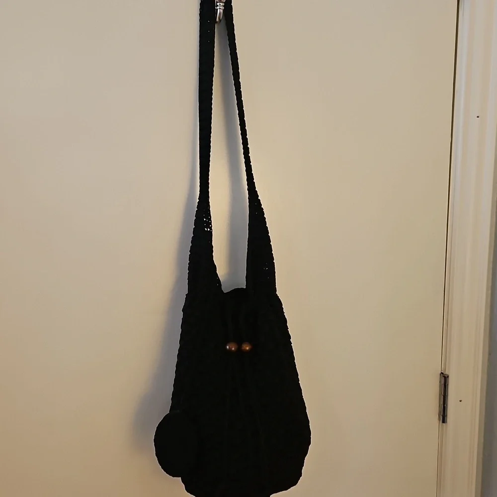 Vintage Black Crochet Drawstring Nap Sack Hobo Festival Bag with Coin Pouch